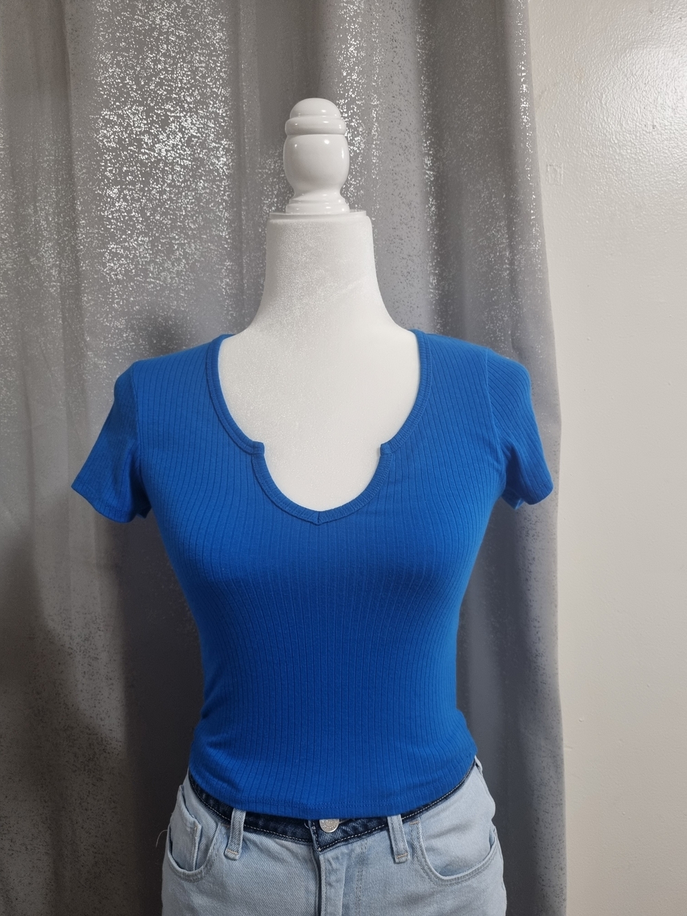 Bozzolo Cobalt Blue Ribbed Notch Neck Fitted Tee Size S